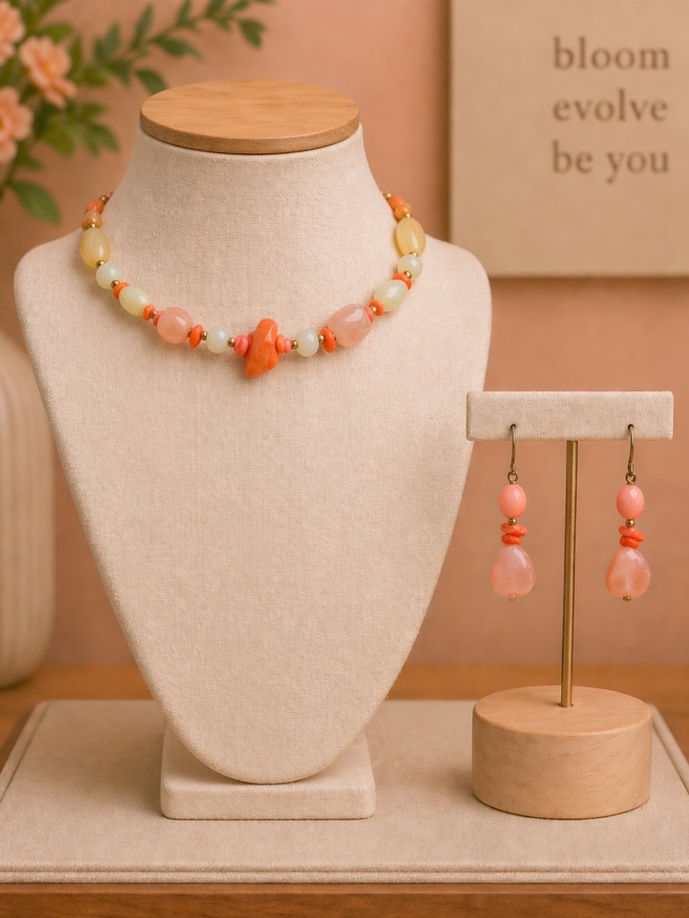 Coral & Pastel Beaded Choker Necklace Set w/ Matching Drop Earrings | Handmade